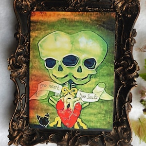 Carte Postale Gothique One Heart Two Souls, Siamois, Twins, Circus, Freak, Illustration crâne, Voeux, Art Gothique, Crâne, Jumeaux, Foetus