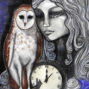Carte Postale Art Gothique La Dame Blanche, Chouette Effraie, Owl Illustration, Voeux, Elfique, Fantôme, Fée, Fantasy, Dark academia, Déesse