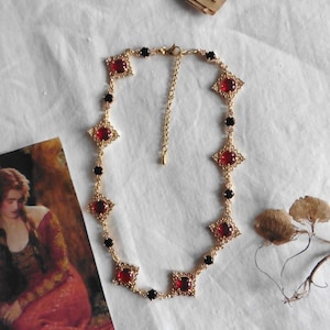 Medicis Red & Black Medieval Declaration Necklace, Tudor, Diamond, rhombus necklace, Renaissance necklace, Tudor choker, Dark Academia