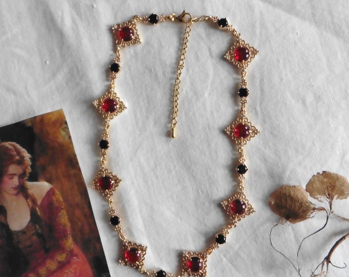 Medicis Red & Black Medieval Declaration Necklace, Tudor, Diamond, rhombus necklace, Renaissance necklace, Tudor choker, Dark Academia