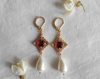 Pearl-drop Red Queen Tudor Earrings, Renaissance earrings, medieval earrings, Victorian earrings, historical earrings, Queen earrings