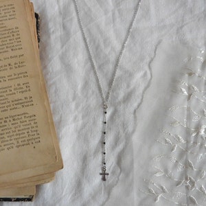 MISSION Gothic Rosary Necklace Choker Silver Tiny Cross Lariat Y Necklace, Christian, Catholic gift, Boho choker, Witch, Gipsy, cottagecore