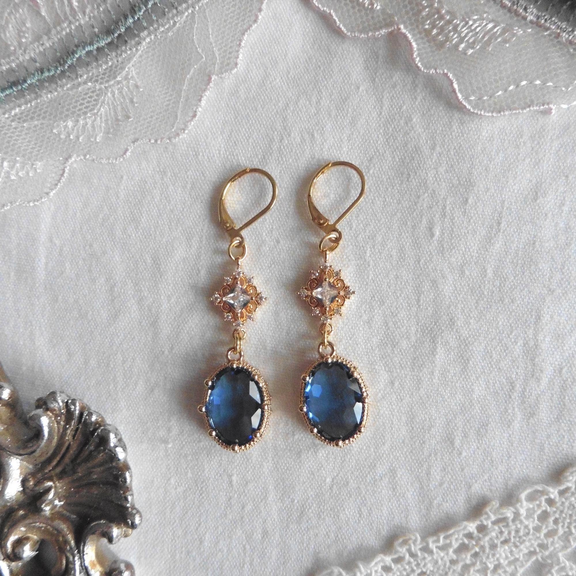 Boucles D'oreilles Vintage Art Nouveau Edwardiennes - Pendantes En Verre Doré, Dormeuses Acier, Neuves Fait Main