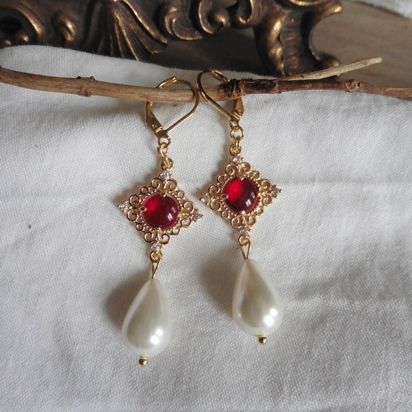 Pearl-drop Red Queen Tudor Earrings, Renaissance earrings, medieval earrings, Victorian earrings, historical earrings, Queen earrings