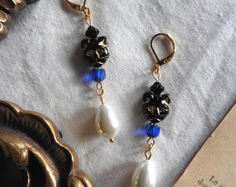 Bastet Goddess Art Deco Black Blue Cat Pearldrop Earrings, Egypt, Dark Academia, Art Deco earrings, cat earrings, Gothic earrings, witch cat