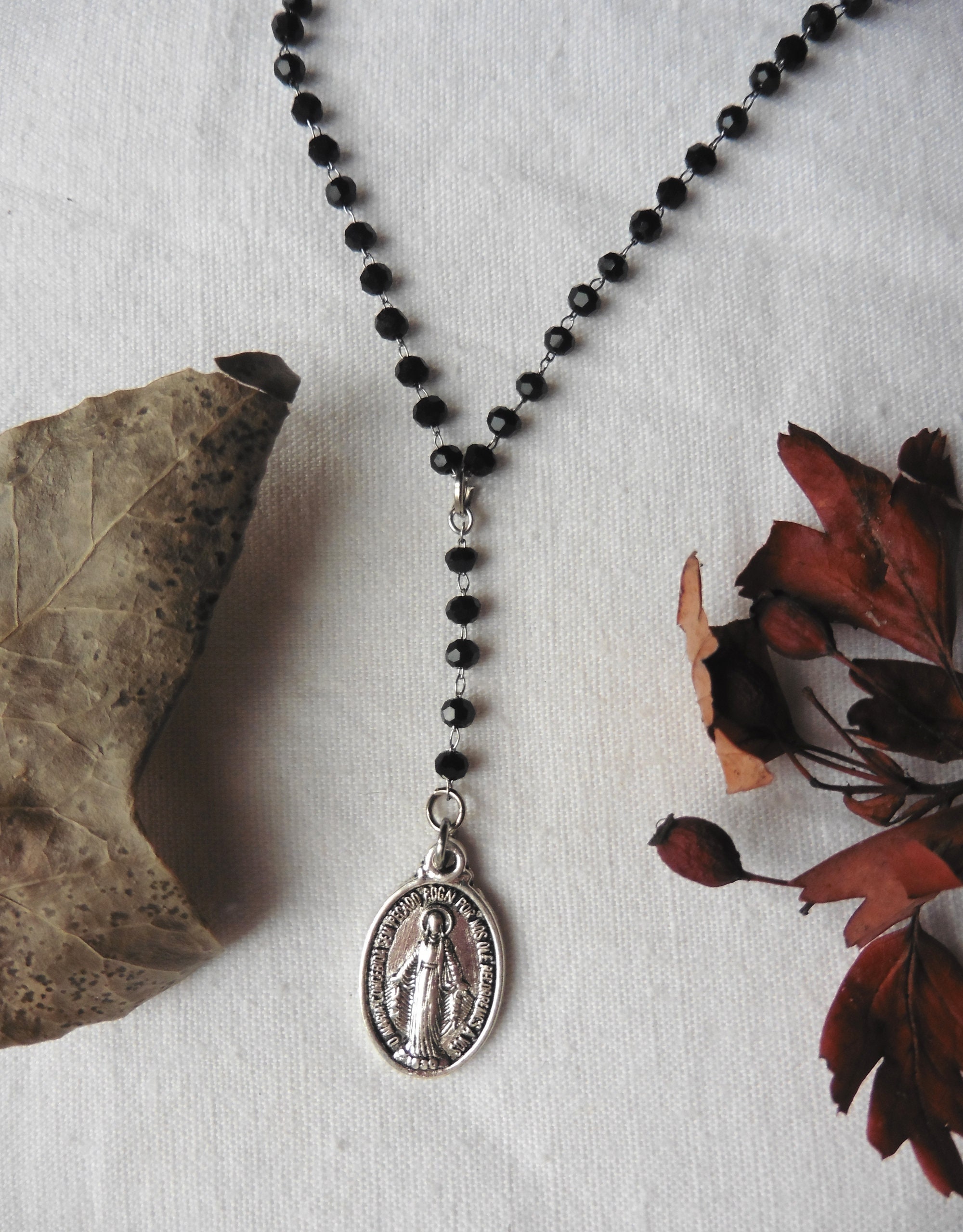Black Rosary Choker Saint Mary Our Lady Madonna Y Necklace Witch Boho Christian Gypsy Mori Catholic Gift Religious Medal Cottagecore Etsy