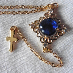 Blue Tudor Necklace Queen's Rosary, Gothic Rosary, Lariat Y, Gold Cross, Dark Academia, Victorian neclace, Gothic necklace, Romantic goth