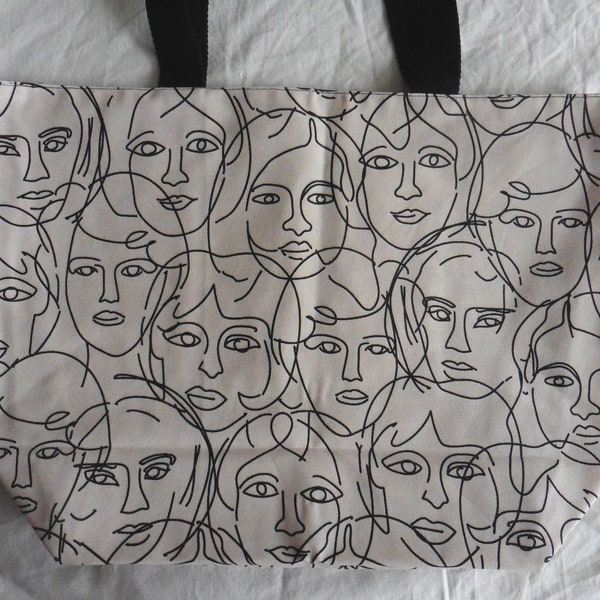 Sac Cabas Shopping Géométrique Visages féminins minimaliste blanc écru, Sac épaule, sac à main, Tote bag, Cadeau femme, Sac femme, maman