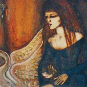 Dark Academia Carte Postale Illustration Mythologie Léda et le Cygne, Art cottagecore, Art Gothique, Illustration Sorcière, Voeux