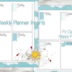 May include: Weekly planner inserts with a light blue cloud border. The inserts are designed to fit a Classic Happy Planner. The days of the week are labeled, with space for notes. A decorative flower and hearts are in the corner.