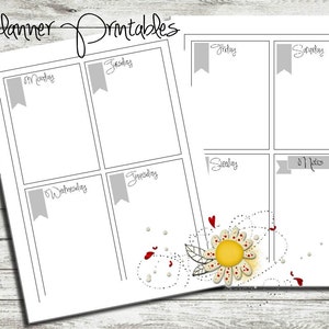 May include: A printable weekly planner with a floral design. The planner has spaces for Monday through Sunday, as well as a notes section.