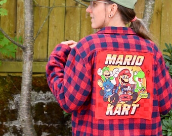 Mario Kart Upcycled Flannel Shirt | Retro One-of-a-kind, Cotton Button Up, Long Sleeve, SIZE MEDIUM