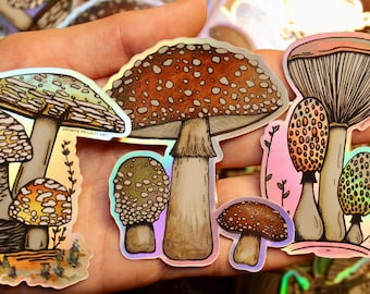Holographic Mushroom Sticker Set: Watercolor Mycology Art, Cottagecore