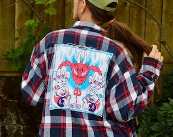 Cuphead Upcycled Flannel Shirt | Retro One-of-a-kind, Cotton Button Up, Long Sleeve