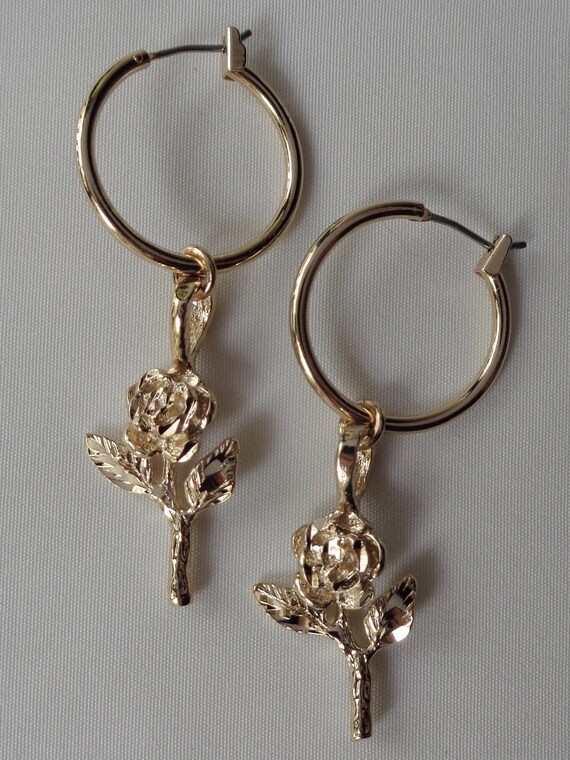 Rose Charm Hoop Earrings Rose Flower Earrings Gold Rose Charm Etsy