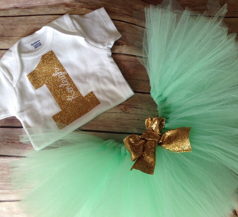 1st Birthday Girl Outfit Mint and Gold Personalized Baby Girl First Birthday Outfit Mint Tutu One Year Old Outfit Girl
