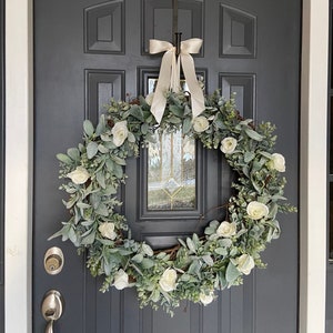 XL 26 inch Lambs Ear Eucalyptus Ivory Rose Wedding Wreath, Farmhouse Wreath, Realistic Faux Lambs Ear Wreath, Wedding Wreath READY To Ship!