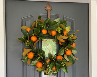 XL 24 inch Orange Citrus Magnolia Wreath, Farmhouse Wreath, Realistic Faux Orange Magnolia Wreath, Year Round Wreath READY To Ship!