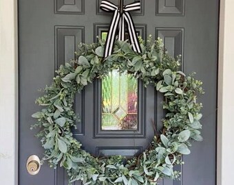 Farmhouse XL 26 in Lambs Ear Eucalyptus Wreath, Realistic Faux Lambs Ear Wreath, Modern Farmhouse Wreath, Outdoor Wreath