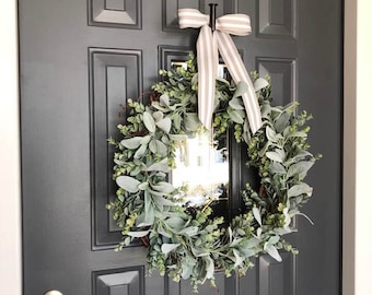 20 in Modern Farmhouse Lambs Ear Eucalyptus Wreath, Outdoor Wreath, Realistic Lambs Ear Wreath, Modern Farmhouse wreath
