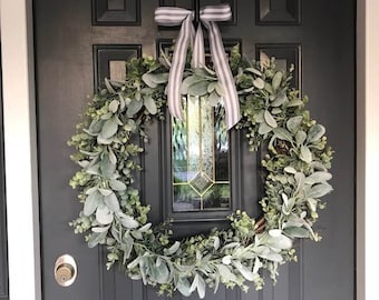 Farmhouse XL 26 in Lambs Ear Eucalyptus Wreath, Realistic Faux Lambs Ear Wreath, Modern Farmhouse Wreath, Outdoor Wreath