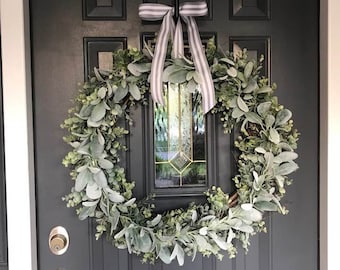 26 inch Eucalyptus Lambs Ear Wreath, Realistic Faux Lambs Ear Wreath, Farmhouse Wreath, 26 inch Wreath, Outdoor Wreath
