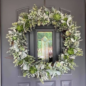 26 inch Succulent Lambs Ear Eucalyptus Wreath, Farmhouse Wreath, Summer Succulent Wreath, Farmhouse Succulent Wreath, Large Outdoor Wreath