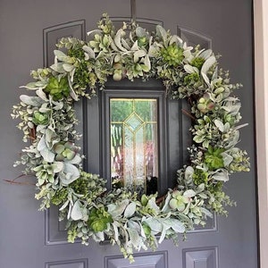 26 Inch Succulent Lambs Ear Eucalyptus Wreath, Farmhouse Wreath, Summer ...