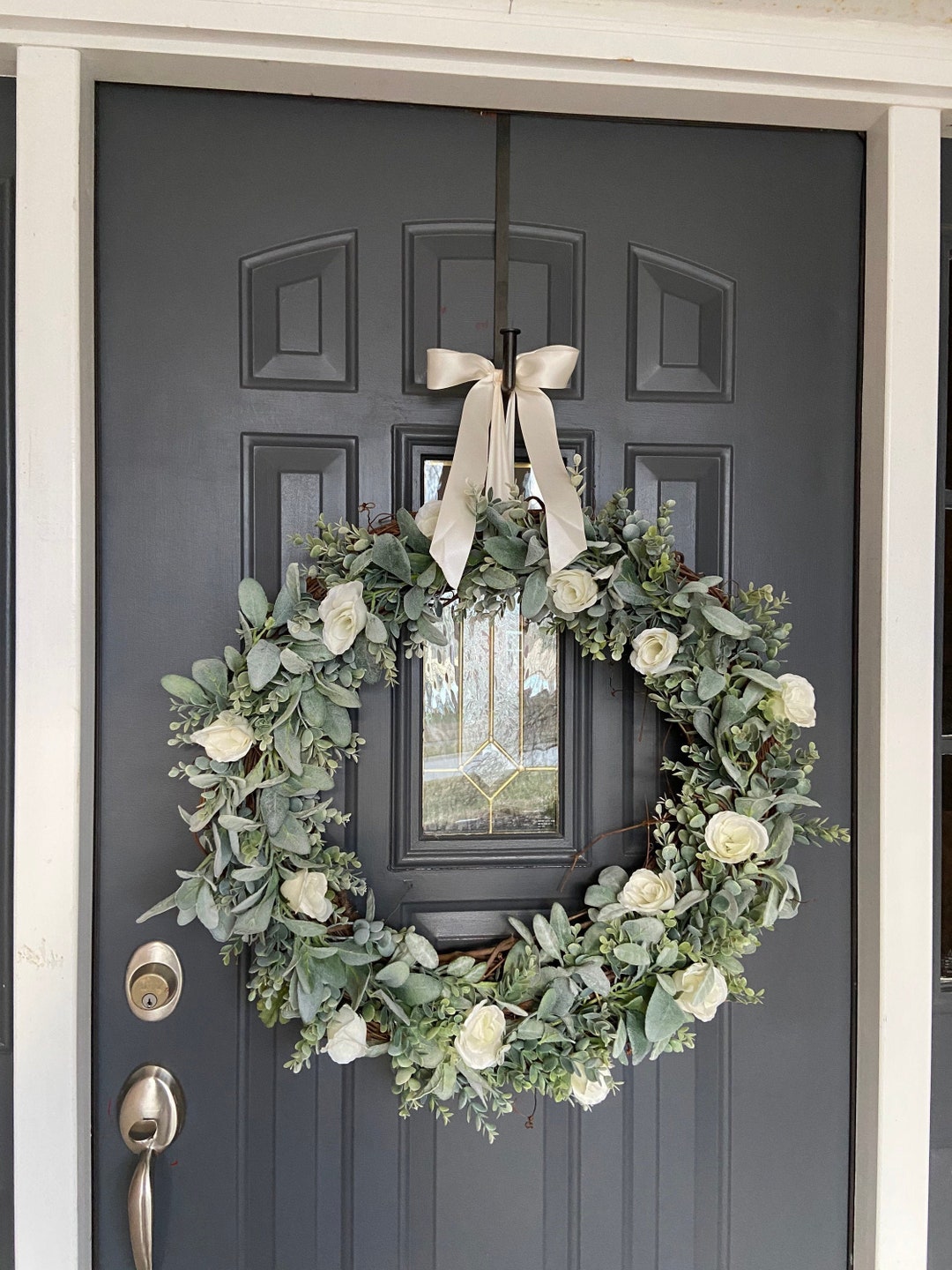 XL 26 Inch Lambs Ear Eucalyptus Ivory Rose Wedding Wreath, Farmhouse ...