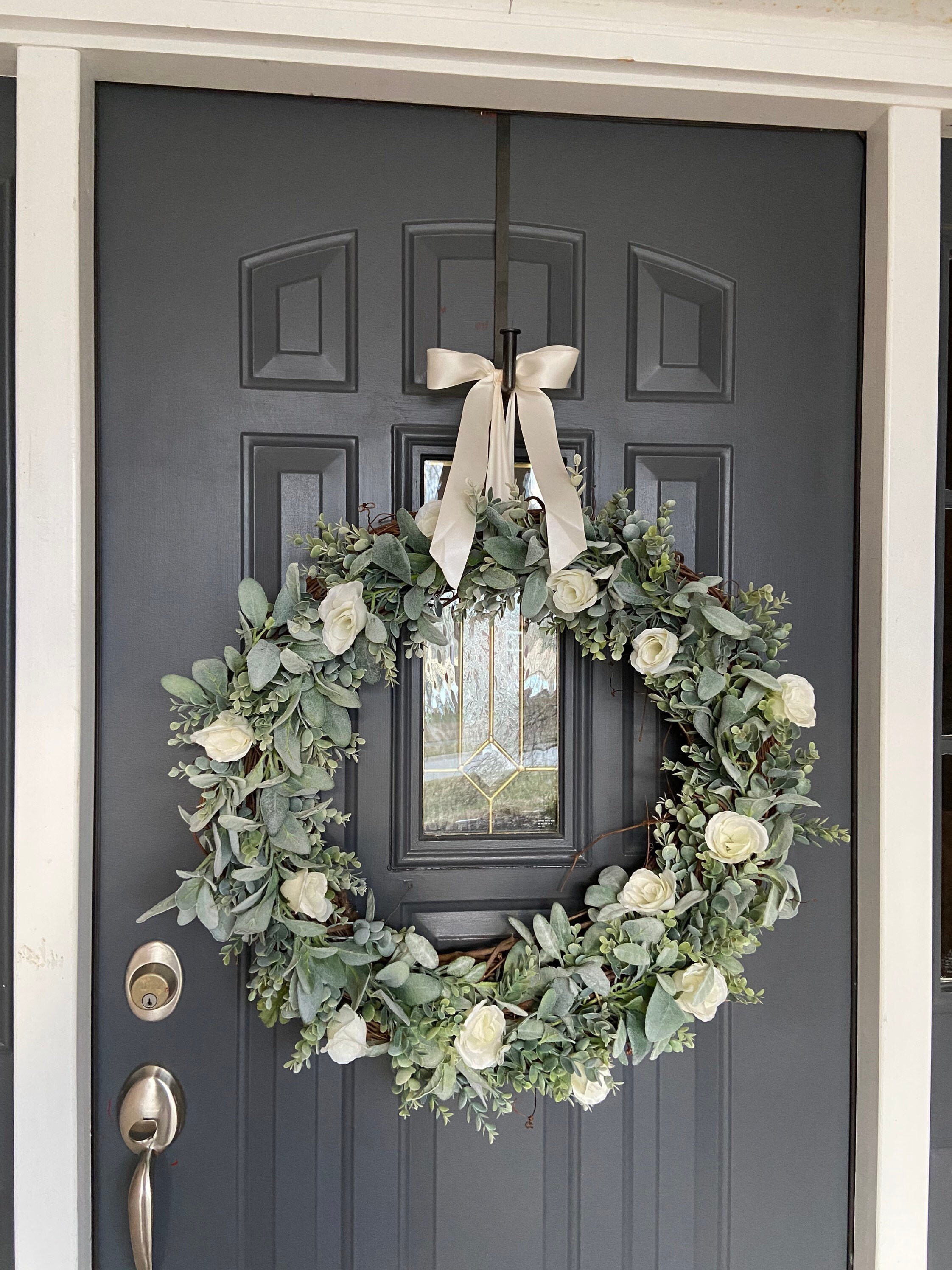 XL 26 Inch Lambs Ear Eucalyptus Ivory Rose Wedding Wreath, Farmhouse ...