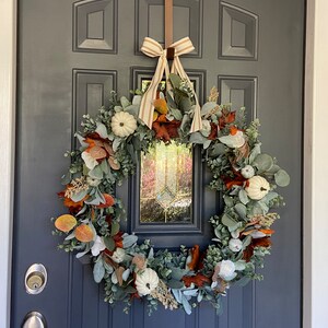 26 inch XL Farmhouse Fall White Pumpkin Lambs Ear Eucalyptus Wreath, Realistic Lambs Ear Fall Wreath, Large Fall Farmhouse Wreath image 2