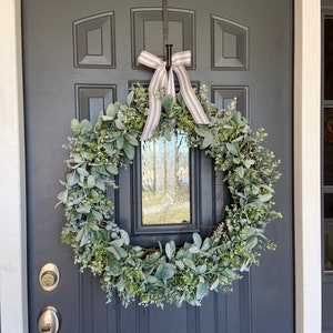 26 Inch Baby’s Breath Eucalyptus Lambs Ear Wreath, Wedding Wreath Faux ...
