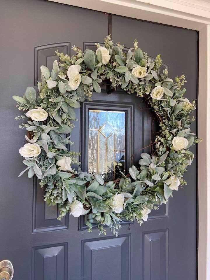 XL 26 Inch Lambs Ear Eucalyptus Ivory Rose Wedding Wreath, Farmhouse ...