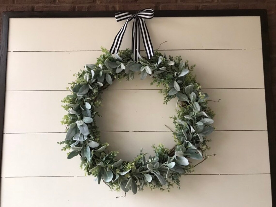 26 Inch Eucalyptus Lambs Ear Wreath, Realistic Faux Lambs Ear Wreath ...