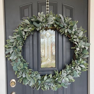 30 inch Deluxe Silver Dollar Frosted Eucalyptus Lambs Ear Wreath, Realistic Faux Lambs Ear Wreath, Farmhouse Wreath, Year Round Wreath
