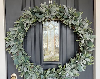 30 inch Deluxe Silver Dollar Frosted Eucalyptus Lambs Ear Wreath, Realistic Faux Lambs Ear Wreath, Farmhouse Wreath, Year Round Wreath