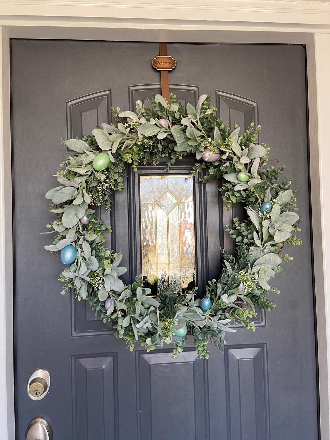 26 Inch Easter Egg Babys Breath Lambs Ear Eucalyptus Wreath, Farmhouse ...