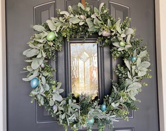 26 inch Easter Egg Baby’s Breath Lambs Ear Eucalyptus Wreath, Farmhouse Wreath, Spring Wreath, Farmhouse Wreath, Large Easter Wreath