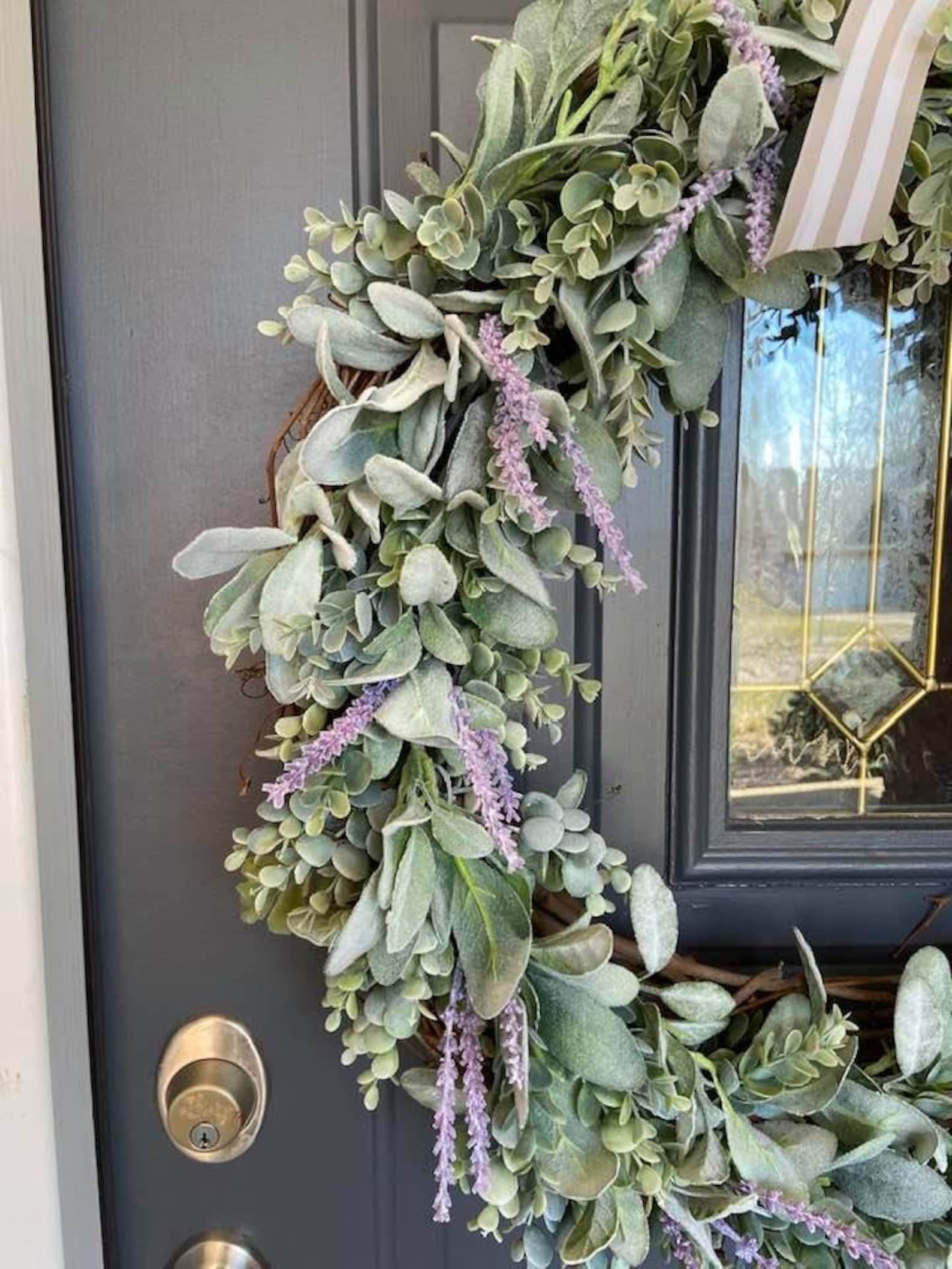 26 Inch Eucalyptus Lambs Ear Lavender Wreath, Realistic Faux Lambs Ear ...