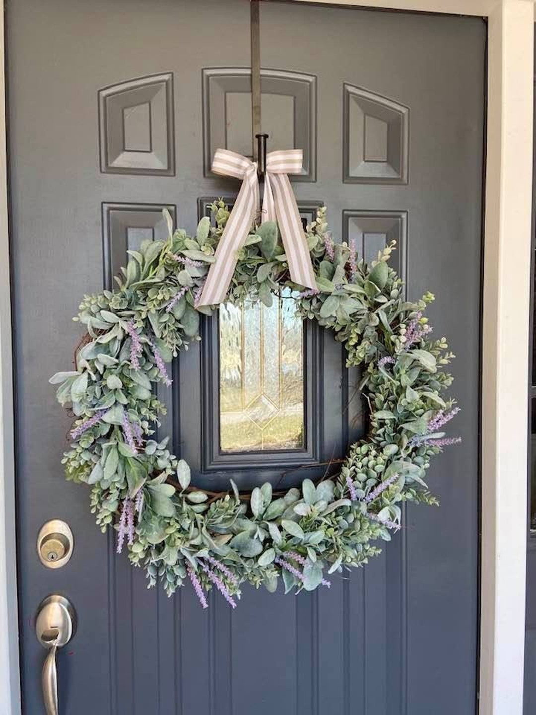 26 Inch Eucalyptus Lambs Ear Lavender Wreath, Realistic Faux Lambs Ear ...