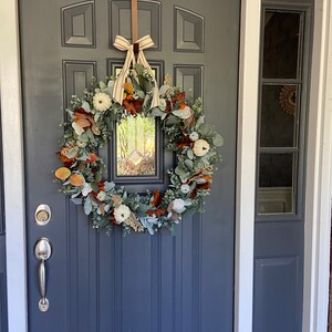 26 inch XL Farmhouse Fall White Pumpkin Lambs Ear Eucalyptus Wreath, Realistic Lambs Ear Fall Wreath, Large Fall Farmhouse Wreath image 5