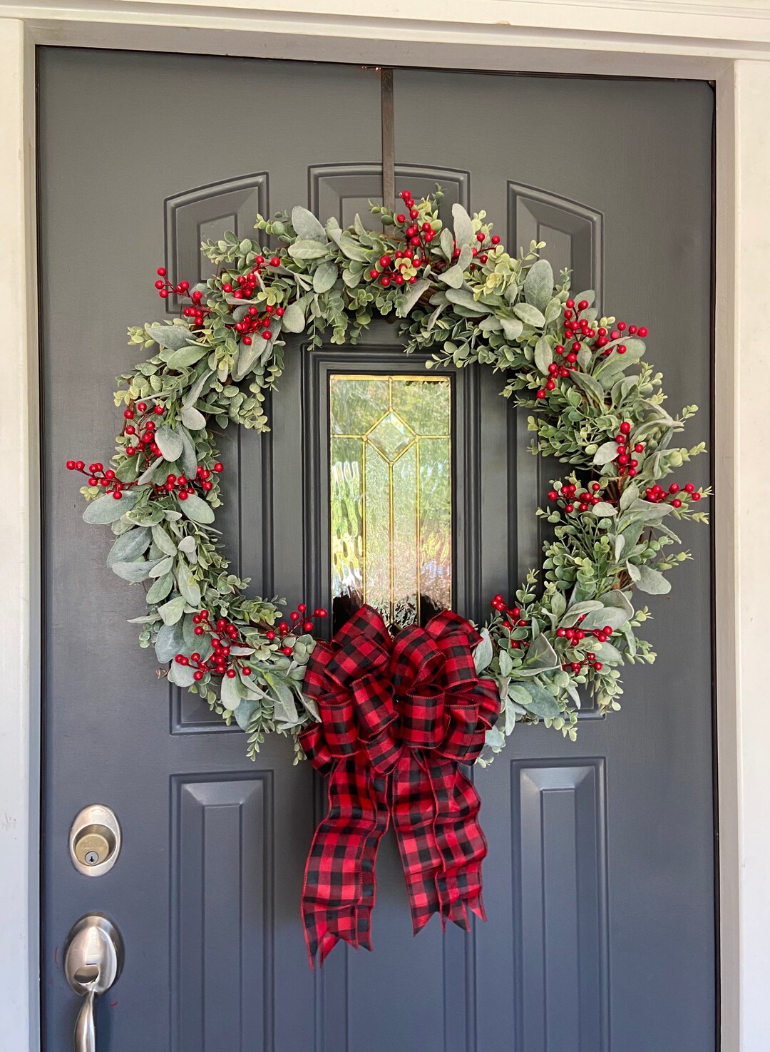 26 Inch XL Farmhouse Christmas Lambs Ear Eucalyptus Red Berry Wreath ...