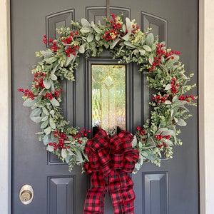 26 inch XL Farmhouse Christmas Lambs Ear Eucalyptus Red Berry Wreath, Realistic Lambs Ear Berry Wreath, Christmas Farmhouse Wreath