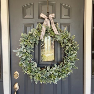 26 inch Baby’s Breath Eucalyptus Lambs Ear Wreath, Wedding Wreath Faux Lambs Ear Wreath, Farmhouse Wreath, Outdoor Wreath