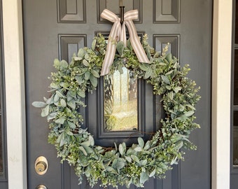 26 inch Baby’s Breath Eucalyptus Lambs Ear Wreath, Wedding Wreath Faux Lambs Ear Wreath, Farmhouse Wreath, Outdoor Wreath