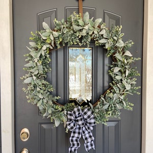 Farmhouse XL 26 in Lambs Ear Eucalyptus Wreath, Realistic Faux Lambs Ear Wreath, Fixer Upper inspired Wreath, Outdoor Wreath