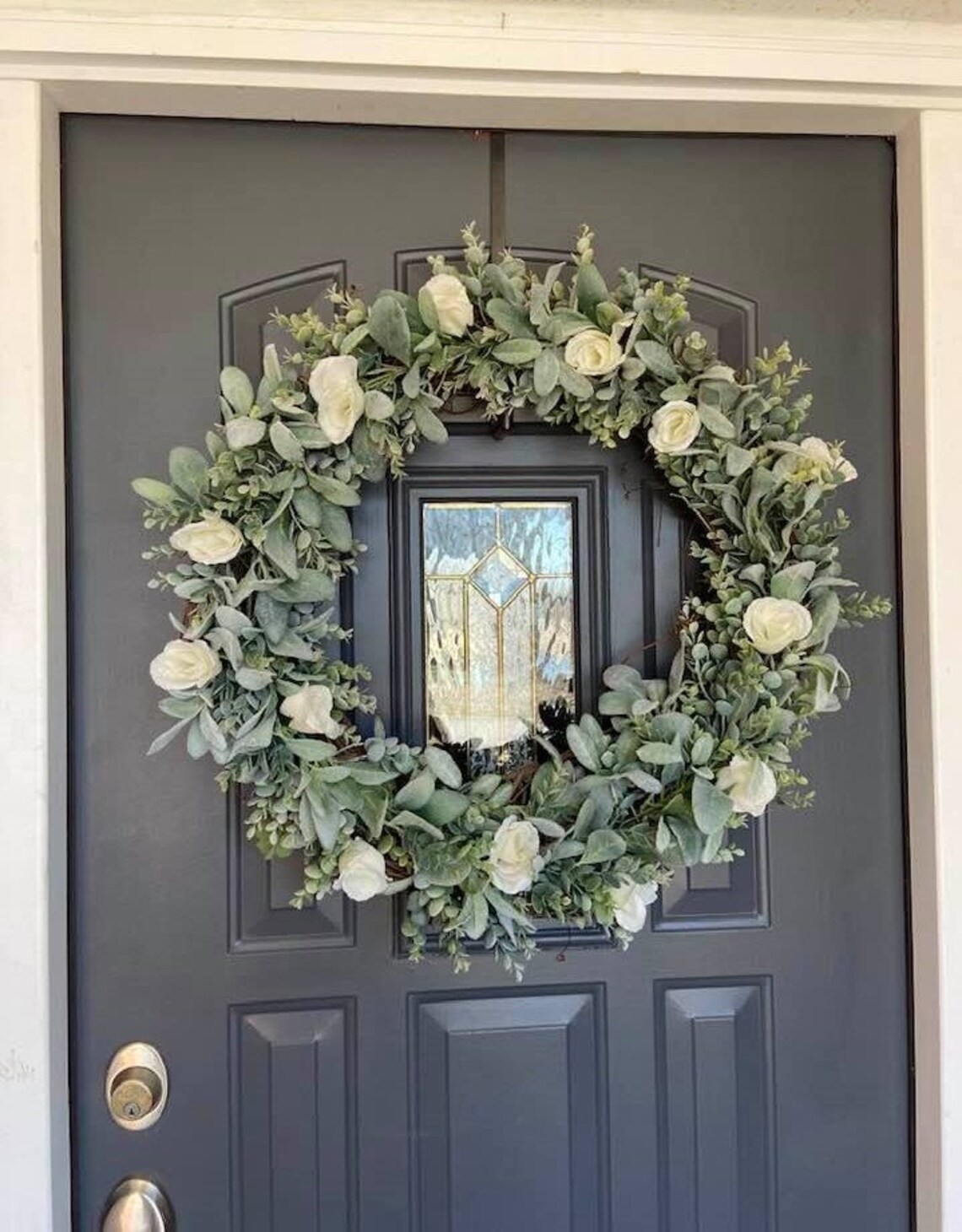 XL 26 Inch Lambs Ear Eucalyptus Ivory Rose Wedding Wreath, Farmhouse ...