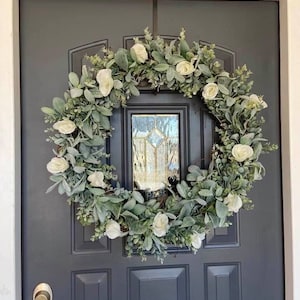 XL 26 inch Lambs Ear Eucalyptus Ivory Rose Wedding Wreath, Farmhouse Wreath, Realistic Faux Lambs Ear Wreath, Wedding Wreath Modern Farm