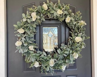 XL 26 inch Lambs Ear Eucalyptus Ivory Rose Wedding Wreath, Farmhouse Wreath, Realistic Faux Lambs Ear Wreath, Wedding Wreath READY To Ship!