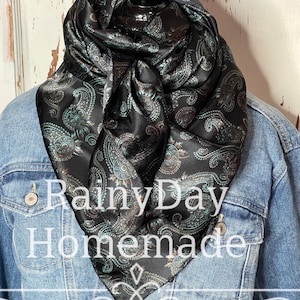 Teal and Rust on Black, Spurs and Paisley Wild Rag | Wild Rag | Cowboy Wild Rag | Wester Scarf | Ranch Life| Teal and Rust | Paisley |